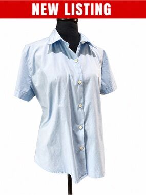 Gap Stretch Blue Button Down Blouse XL Cotton Short Sleeve Classic